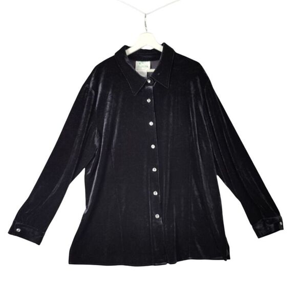 Quacker Factory Black Velvet Rhinestone Button Blouse Long Sleeve‎ Stretch 2X - Picture 1 of 7